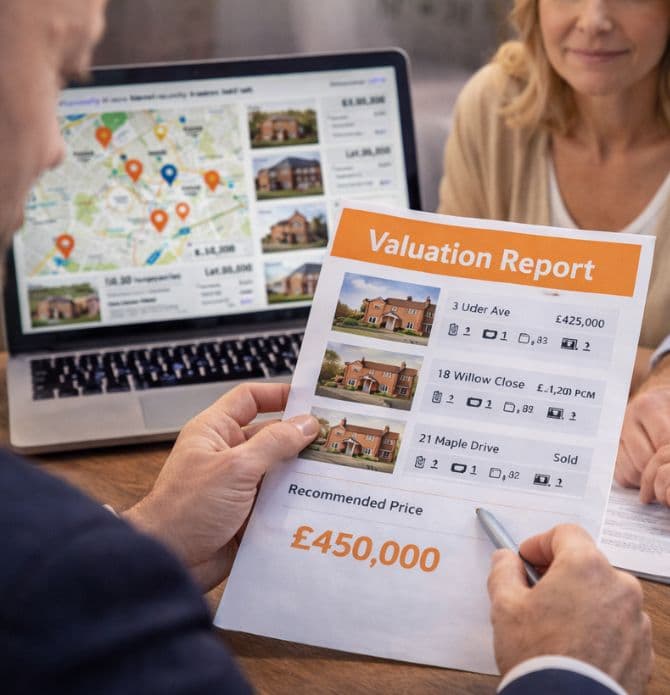 Agent reviewing local property market data with a client