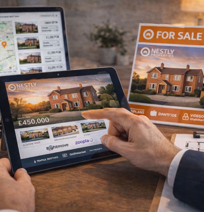 Professionally photographed property listing on a laptop
